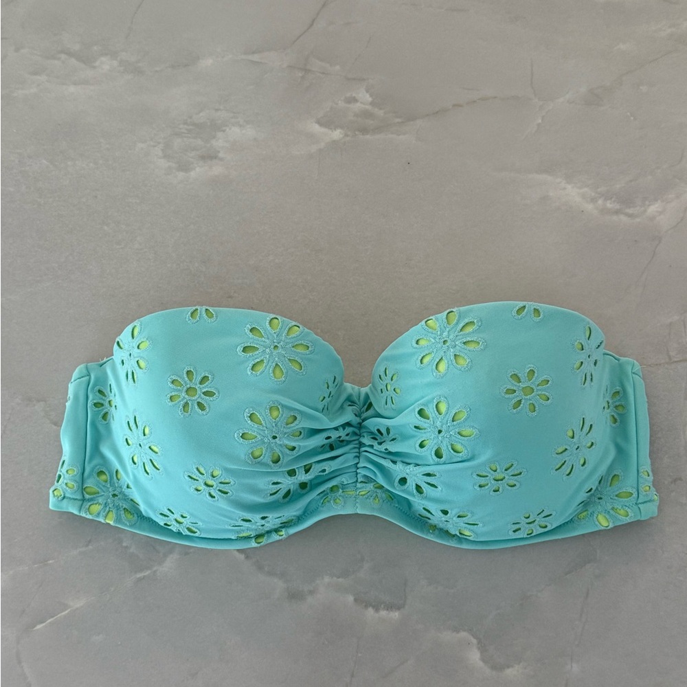 Aqua Strapless Bikini Top with Floral Cutouts